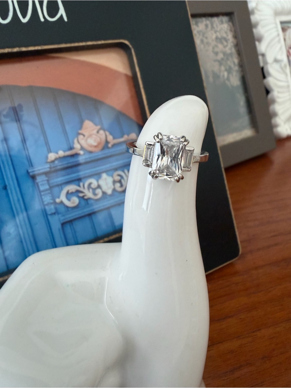 TRAVEL Emerald-Cut Three-Stone CZ Ring set in 925 Silver size 6